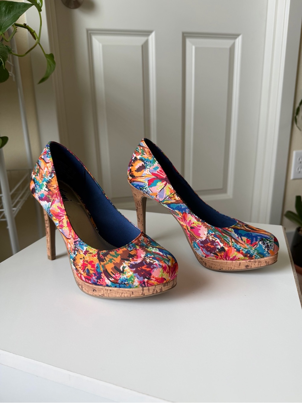 Fiona Vibrant Multicolor Floral Cork Platform Heels in a size 6 wide